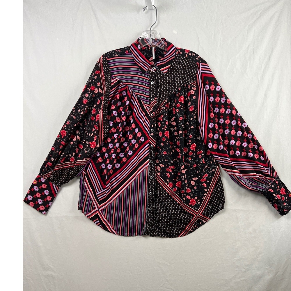 Free People Button Down Shirt Women Medium Black Mixed Print Floral Striped Boho